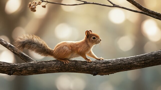 A lively squirrel perches on a branch, showcasing its bushy tail and curious expression against a soft, blurred background.
