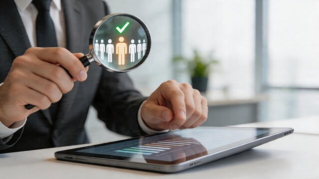 Businessman selecting staff with magnifying glass human resource management concept recruitment process hiring process finding qualified personnel workforce analysis talent
