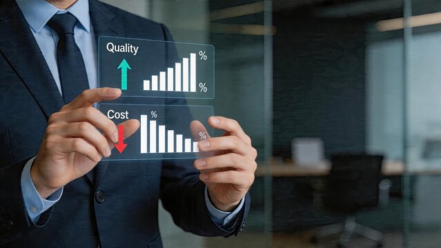 Businessman holding holographic interface displaying quality up cost down strategy corporate analytics dashboard modern office technology financial growth chart