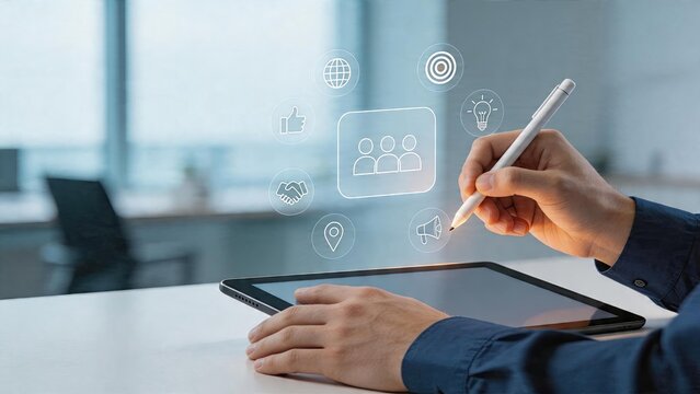 Businessman using tablet drawing digital interface holograms technology concept innovation teamwork icon smart office work creative planning strategy
