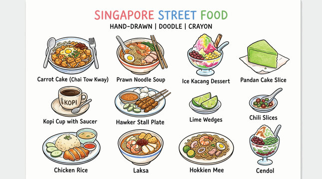 A vibrant hand-drawn illustration showcasing a variety of popular Singaporean street food dishes and drinks.