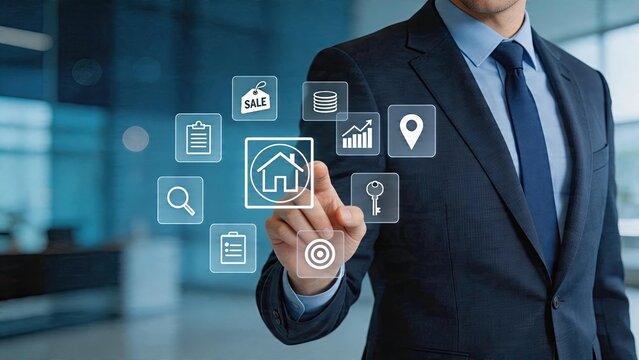Businessman selecting digital real estate management app interface with smart home technology cloud computing data storage system search engine optimization tools location mapping