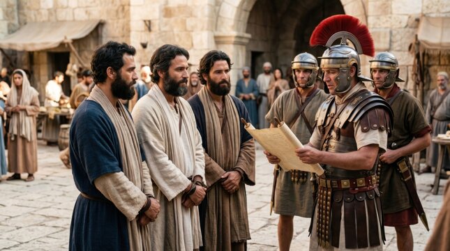 Roman soldier holding scroll while arresting man in biblical city. Scene from Acts depicting imperial authority and religious persecution of believers. Historical drama film production.