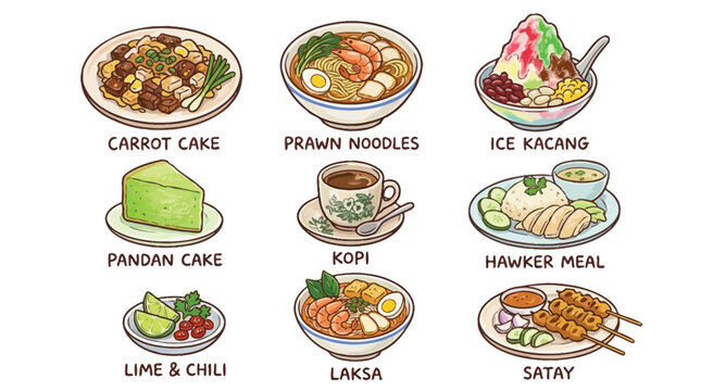 A vibrant illustration showcasing a variety of popular Singaporean hawker dishes and desserts, presented in a grid layout.