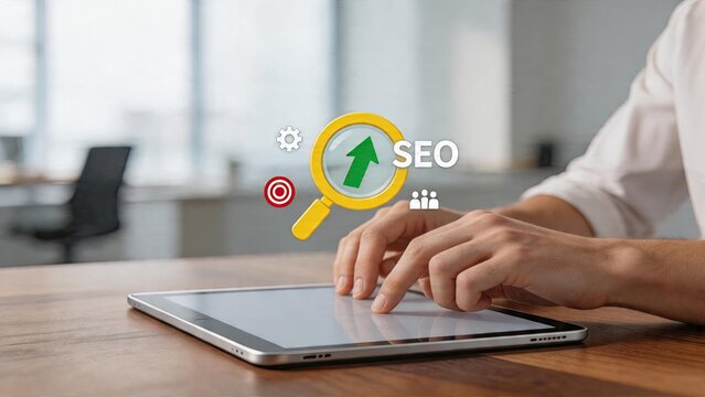 Business man working on tablet device in office environment with digital overlay graphics magnifying glass showing upward SEO arrow chart growth strategy optimization