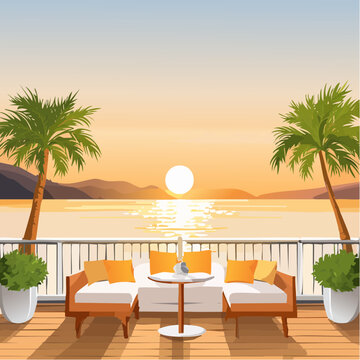 Luxus Terrasse mit Meerblick bei Sonnenuntergang