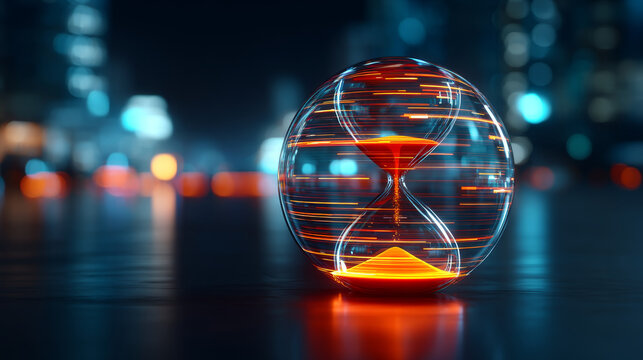 Futuristic hourglass glowing orange sand transparent glass surreal city night efficiency concept of time modern urban background digital light streaks reflective surface