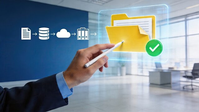 Businessman interacting with holographic digital cloud storage folder interface selecting secure data file icon workflow automation process diagram in modern corporate office