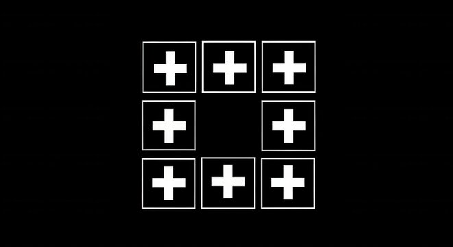 A grid of eight white square with plus signs arranged in a hollow square pattern on a solid black background