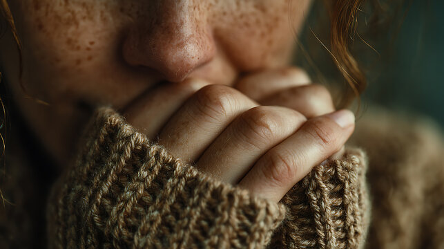 Close-up mental health concept of anxiety, emotional vulnerability, and self-soothing, symbolizing stress, introspection, resilience, therapy, and the journey toward healing