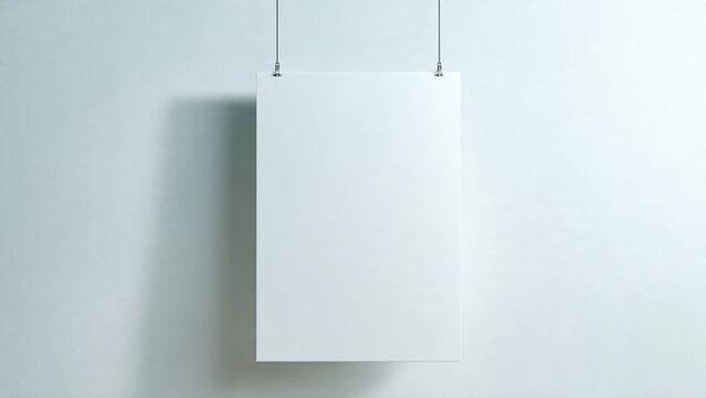 Blank white poster hanging from clips on light gray wall, minimalist mockup for advertising, branding design and art presentation