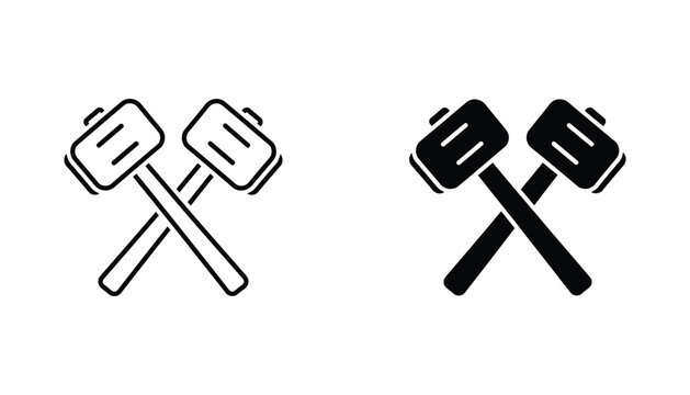 Crossed blacksmith hammers icon set in outline and solid black styles for industrial construction and manual labor branding or tool equipment graphics in high quality vector format for designers