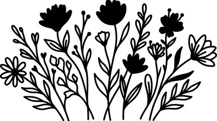 Hand-drawn black silhouette of various wildflowers and leaves, isolated on white.