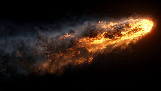 Fiery meteor streaking across dark sky with glowing head and smoky trail, motion blur and embers, cinematic view, ideal for space documentaries