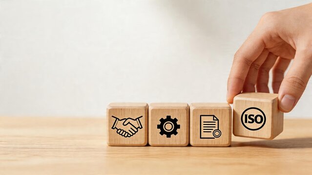 Business man hand placing ISO wooden block with handshake gear document icon concept of quality management system standardization compliance strategy and professional service