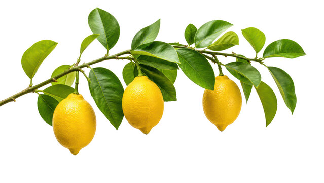 lemon tree branch with leaves and ripe yellow lemon fruits isolated on white or transparent png