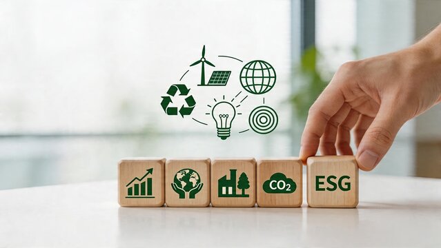 Business man hand placing cube with ESG logo green finance growth chart sustainability recycling symbol windmill power solar panel energy source global earth innovation lightbulb