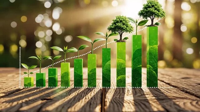 Growth chart with plants on wooden table symbolizing conceptual art and dynamic energy