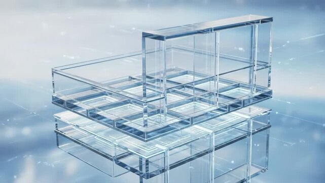 Glass grid structures floating in a digital sky background, futuristic geometric technology concept, transparent layered forms, clean modular design, innovation mood, luminous depth, sleek modern