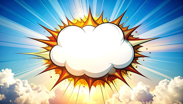 Comic book explosion cloud with bright sunburst and sky background, space for text, representing action and surprise