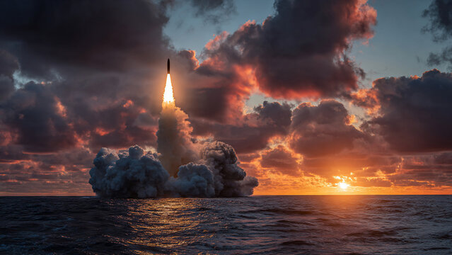 Powerful rocket launching from ocean at sunset with dramatic clouds and smoke plume, wide-angle shot, concept for space exploration, innovation