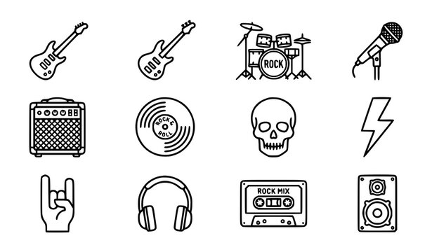 Rock and roll line icon set with editable stroke music instruments and symbols vector collection