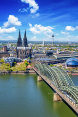 Elevated view of the skyline of Cologne, Germany, during a sunny day with river Rhine and Dome © moofushi