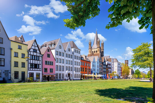 Panoramic view of the old town of Cologne, Germany, with traditional, colourful houses during a sunny summer day