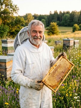 Experienced Beekeeper Displaying Fresh Honeycomb in Blooming Landscape
