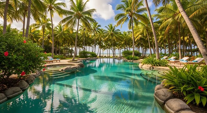 Tropical resort infinity pool palm trees.