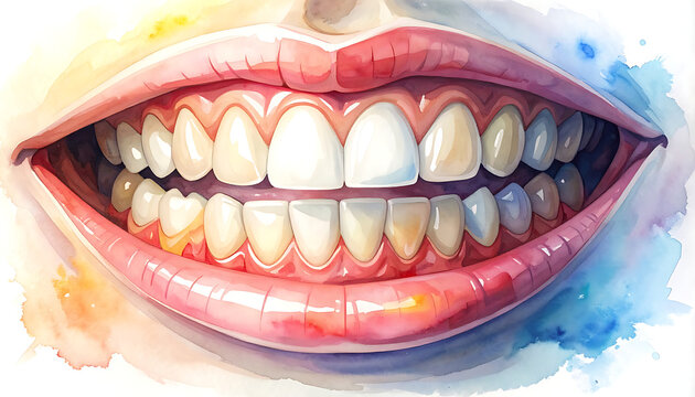 Close up of a healthy smile showing straight white teeth and pink lips, watercolor effect, dental hygiene concept