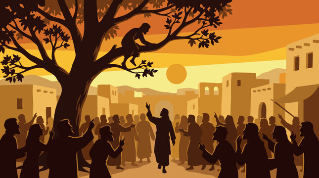 Biblical vector of Zacchaeus climbing a sycamore tree to see Jesus Christ walking through the town of Jericho with a large crowd of people watching in a desert setting