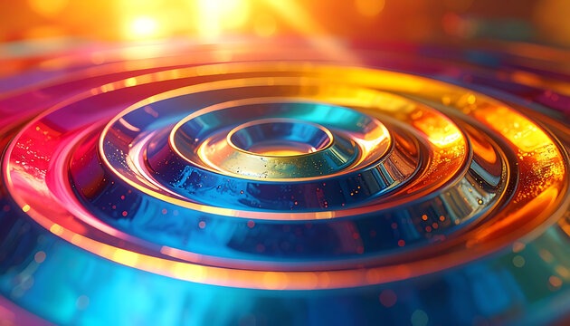 Concentric metallic rings with vibrant rainbow colors and glowing bokeh highlights, abstract futuristic technology or science background, digital art