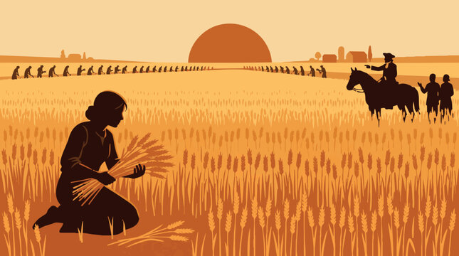 Biblical vector illustration of Ruth kneeling in a golden wheat field during harvest while Boaz watches from a distance with workers at sunset in an ancient rural landscape
