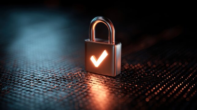 A metallic padlock with an illuminated checkmark sits centered on a textured, dark surface. Warm orange light emanates from the checkmark and surrounding the lock