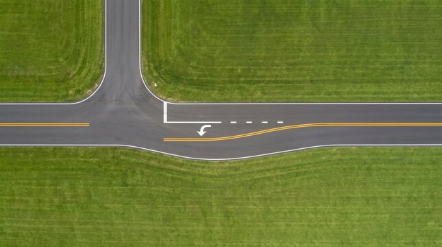 Aerial top down view of asphalt T-junction road intersection