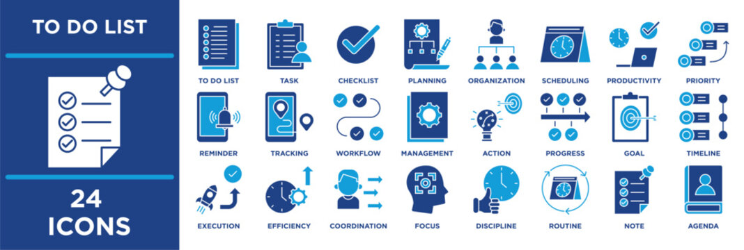 to do list icon set illustrating task, checklist, planning, organization, scheduling, productivity, priority, reminder, tracking. solid vector