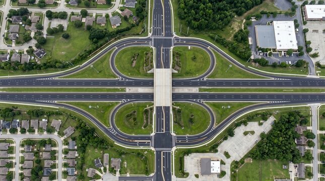 Aerial top down view of highway interchange in suburban neighborhood