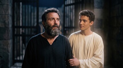 Obraz premium Angel leading apostle Peter out of prison in biblical scene. Religious narrative showing divine rescue of captive man. Miracle from Acts of the Apostles in New Testament history.