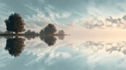 Fototapete Reflection Tranquil scene. Trees stand reflected in still water with an open sky filled with soft, cloudy formations  peaceful, ethereal ambiance  © Nurul