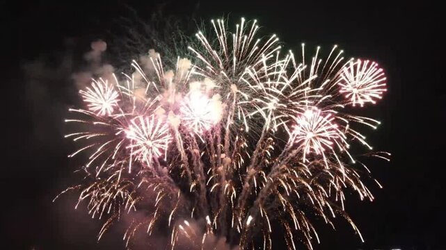 Pink fireworks exploding in night sky ideal for sleek commercial backgrounds and title sequences