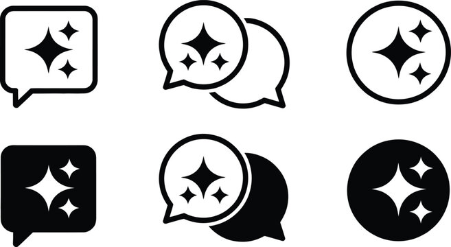 Sparkle icons set in speech bubbles and circles clean and shiny symbols vector illustration.