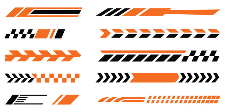 Racing cars and race car stripes icon set vector, dynamic racing stripe speed symbols, checkered flag victory icons, race track finish line and motorsport branding vector illustration set.