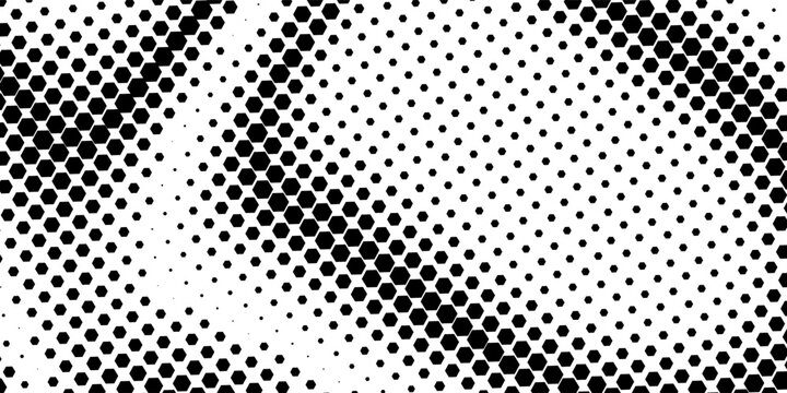 Abstract black hexagon halftone blob shape with organic fluid effect on white background