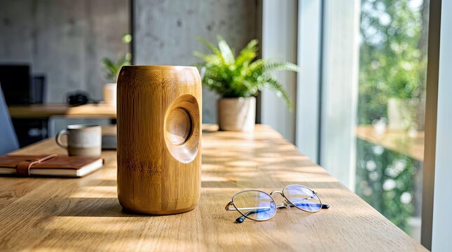 Wooden Bluetooth Speaker on Desk With Glasses and Notebook Modern Workspace Lifestyle for Tech and Music Marketing