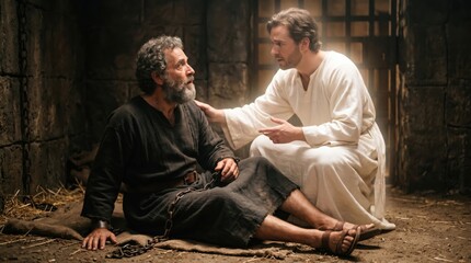 Obraz premium Angel appearing to apostle Peter in prison and rescuing him from chains. Biblical scene from Acts of the Apostles showing divine light and liberation. Religious story, hope concept.