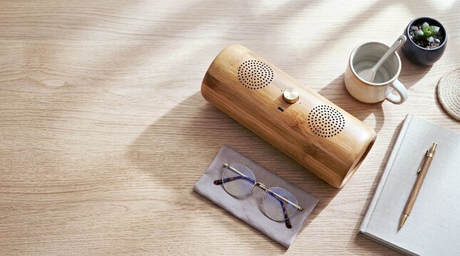 Wooden Bluetooth Speaker on Desk With Coffee and Glasses Modern Lifestyle Product Photography for Marketing