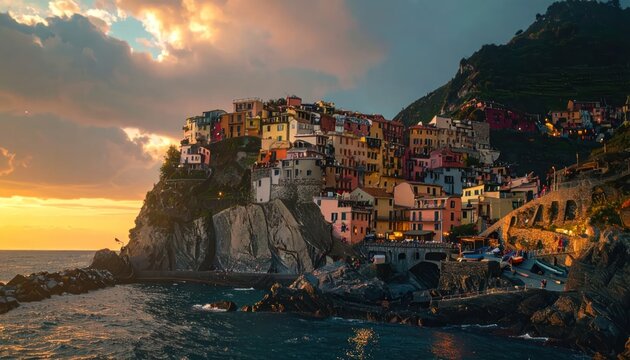 Colorful Italian Village Clinging to a Cliffside at Sunset.
