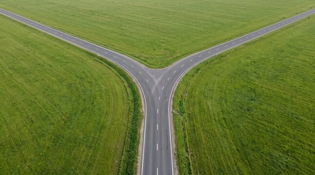 Aerial view of three-way asphalt road junction in green field