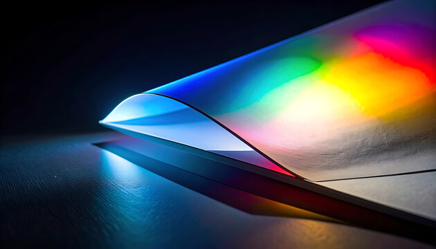 Curved sheet of material displaying a vibrant spectrum of rainbow colors, reflecting on a dark, wet surface, abstract light and shadow play